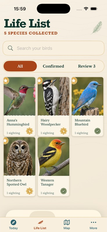 Feather Trove life list showing a personal collection of identified birds